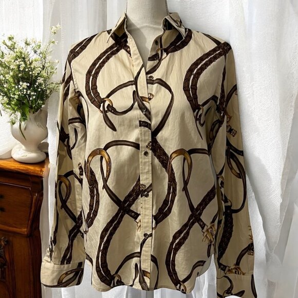 Ralph Lauren Beige Equestrian‎ Print Button Up Shirt M - Picture 1 of 10